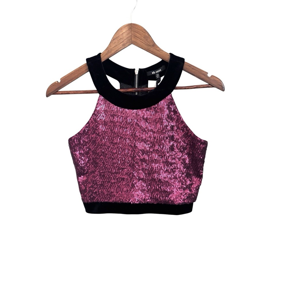 Velvet Crop Top Womens 12 Pink Sparkly Party Festival Y2K